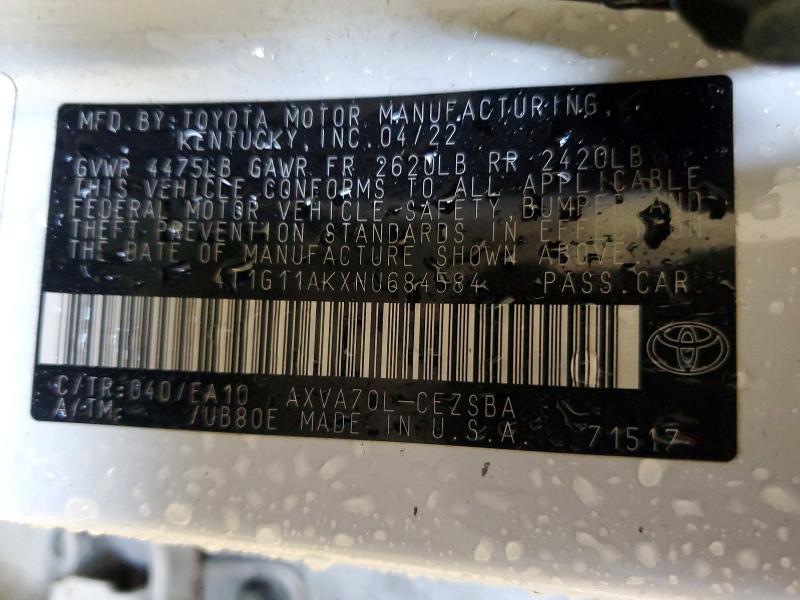 51499266 :رقم المزاد ، 4T1G11AKXNU684584 vin ، 2022 Toyota Camry مزاد بيع