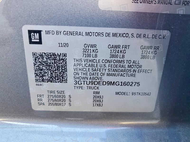 Aukcja sprzedaży 2021 Gmc Sierra, vin: 3GTU9DED9MG160275, numer aukcji: 50170636