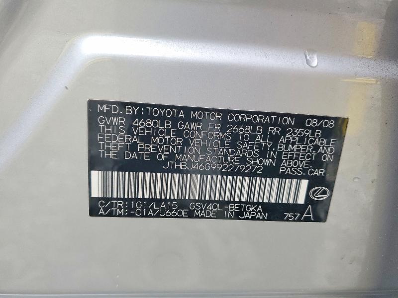 2009 Lexus Es მანქანა იყიდება აუქციონზე, vin: JTHBJ46G992279272, აუქციონის ნომერი: 51995956