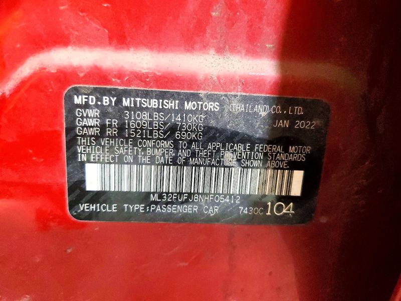 48952256 :رقم المزاد ، ML32FUFJ8NHF05412 vin ، 2022 Mitsubishi Mirage مزاد بيع