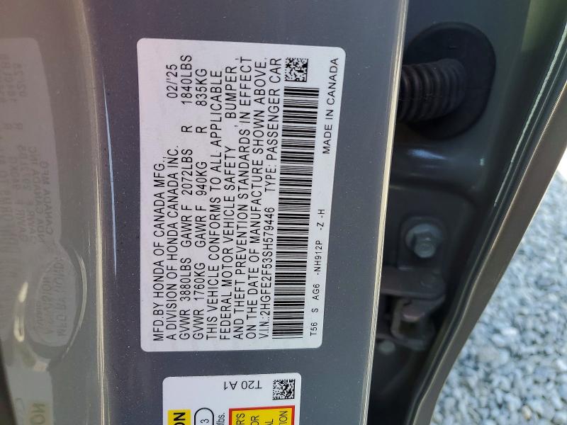 Aukcja sprzedaży 2025 Honda Civic, vin: 2HGFE2F53SH579446, numer aukcji: 50184436