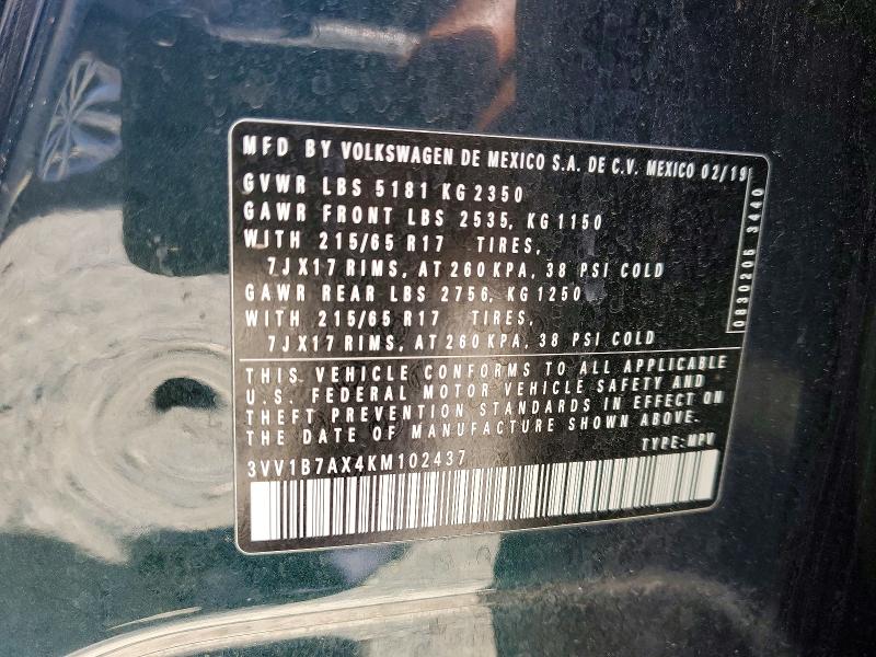 50460556 :رقم المزاد ، 3VV1B7AX4KM102437 vin ، 2019 Volkswagen Tiguan مزاد بيع