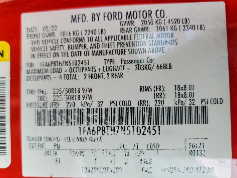 Aukcja sprzedaży 2022 Ford Mustang, vin: 1FA6P8TH7N5102451, numer aukcji: 48787866