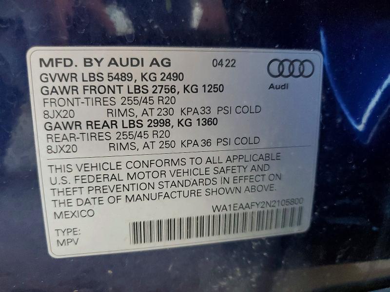 Aukcja sprzedaży 2022 Audi Q5, vin: WA1EAAFY2N2105800, numer aukcji: 50317456