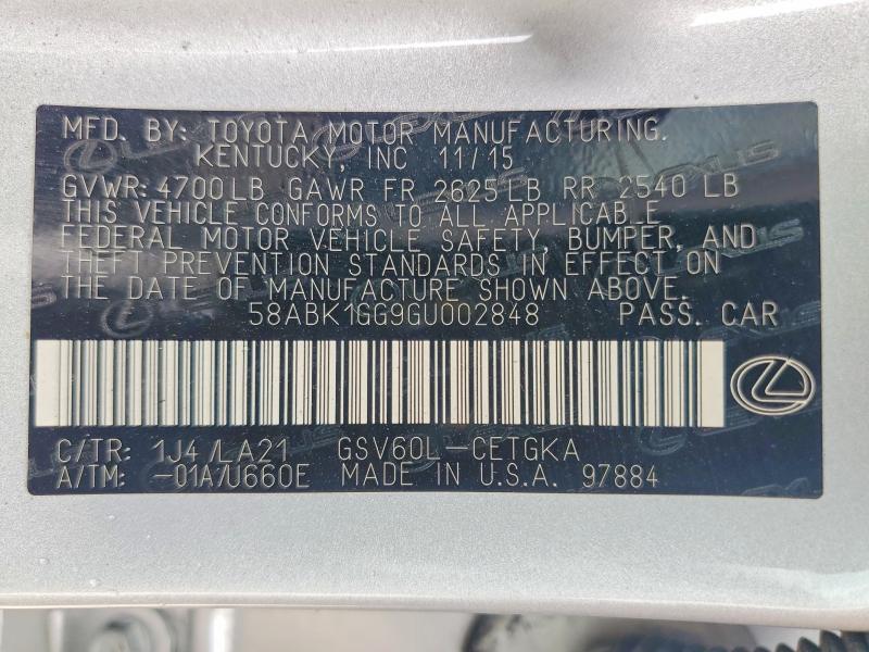 48629676 :رقم المزاد ، 58ABK1GG9GU002848 vin ، 2016 Lexus Es 350 مزاد بيع