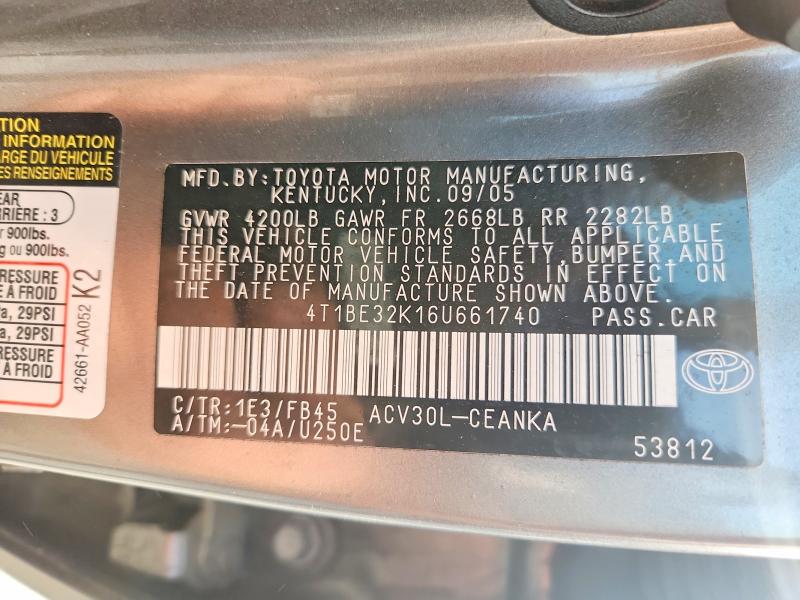 61665516 :رقم المزاد ، 4T1BE32K16U661740 vin ، 2006 Toyota Camry مزاد بيع
