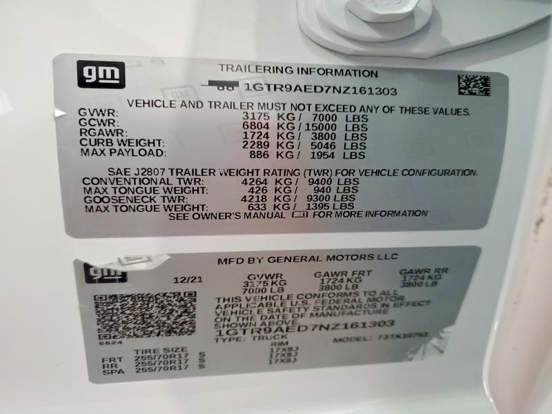 50768586 :رقم المزاد ، 1GTR9AED7NZ161303 vin ، 2022 Gmc Sierra Limited مزاد بيع