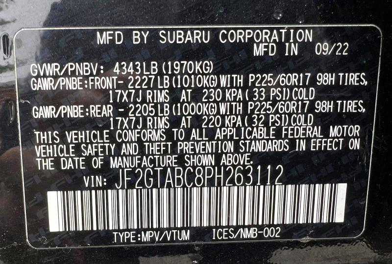 2023 Subaru Crosstrek მანქანა იყიდება აუქციონზე, vin: JF2GTABC8PH263112, აუქციონის ნომერი: 52131296
