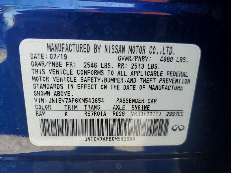 48814246 :رقم المزاد ، JN1EV7AP6KM543654 vin ، 2019 Infiniti Q50 مزاد بيع