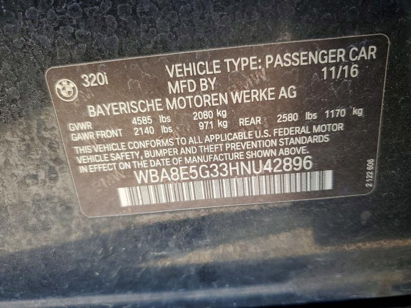 Aukcja sprzedaży 2017 Bmw 320, vin: WBA8E5G33HNU42896, numer aukcji: 48399096