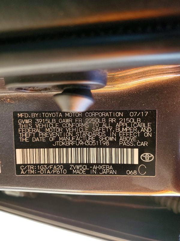 51638216 :رقم المزاد ، JTDKBRFU9H3051198 vin ، 2017 Toyota Prius مزاد بيع