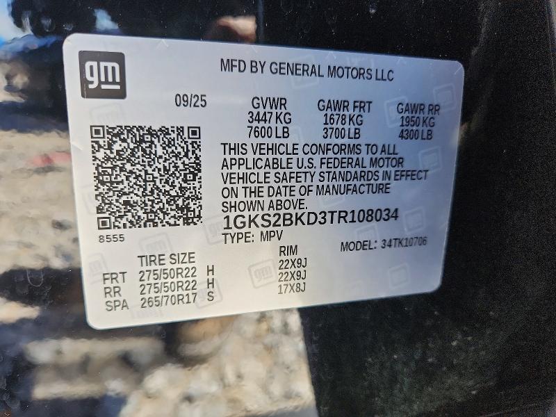 50086006 :رقم المزاد ، 1GKS2BKD3TR108034 vin ، 2026 Gmc Yukon مزاد بيع