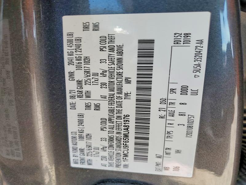 2021 Ford Escape მანქანა იყიდება აუქციონზე, vin: 1FMCU9F65MUA81976, აუქციონის ნომერი: 50935106
