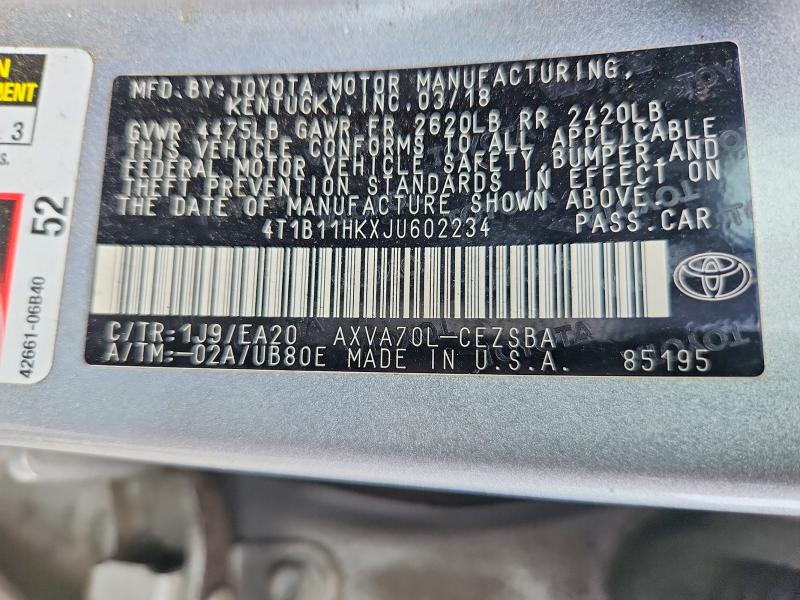 2018 Toyota Camry მანქანა იყიდება აუქციონზე, vin: 4T1B11HKXJU602234, აუქციონის ნომერი: 48077006