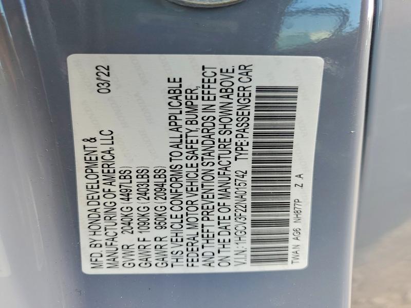 Aukcja sprzedaży 2022 Honda Accord, vin: 1HGCV3F22NA015742, numer aukcji: 73425805