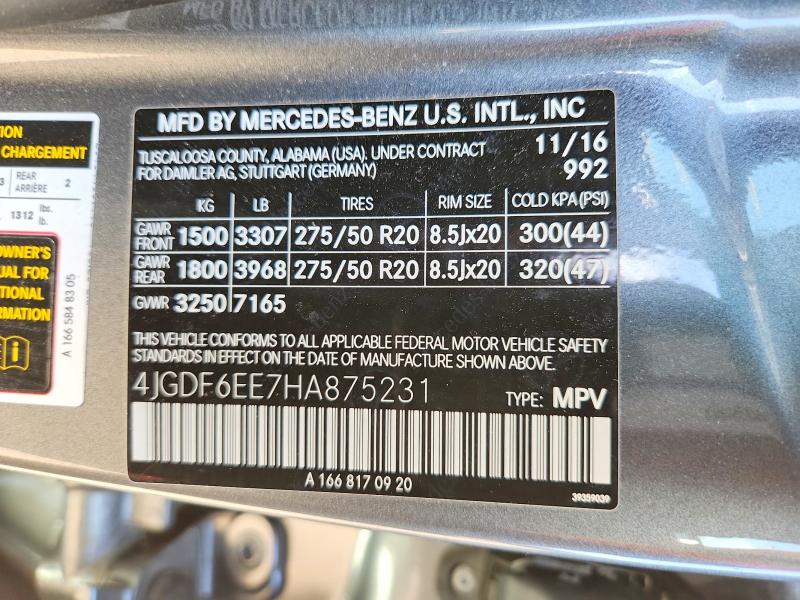 2017 Mercedes-benz Gls მანქანა იყიდება აუქციონზე, vin: 4JGDF6EE7HA875231, აუქციონის ნომერი: 50961396