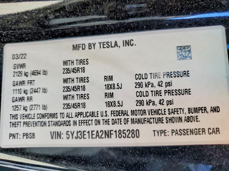 49550086 :رقم المزاد ، 5YJ3E1EA2NF185280 vin ، 2022 Tesla Model 3 مزاد بيع