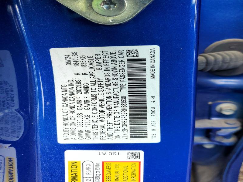 Продажа на аукционе авто 2024 Honda Civic, vin: 2HGFE2F59RH583530, номер лота: 50710096