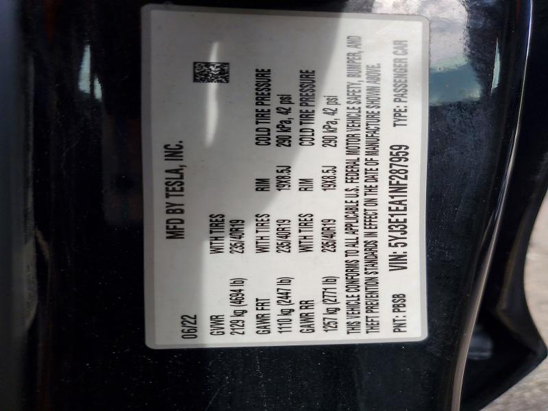 Продаж на аукціоні авто 2022 Tesla Model 3, vin: 5YJ3E1EA1NF287959, номер лоту: 51242856