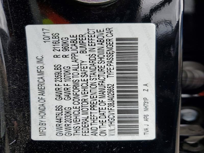 Продажа на аукционе авто 2018 Honda Accord, vin: 1HGCV1F38JA025652, номер лота: 50907996