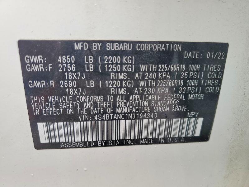 Продаж на аукціоні авто 2022 Subaru Outback, vin: 4S4BTANC1N3194340, номер лоту: 47432286