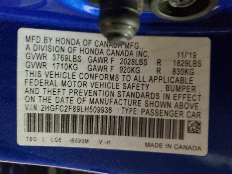 Продаж на аукціоні авто 2020 Honda Civic, vin: 2HGFC2F89LH509936, номер лоту: 48497446