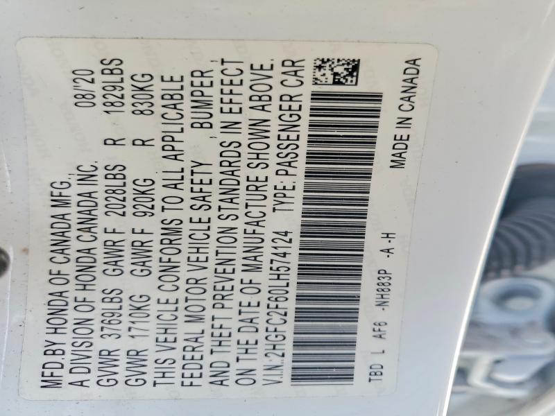 2020 Honda Civic მანქანა იყიდება აუქციონზე, vin: 2HGFC2F60LH574124, აუქციონის ნომერი: 51424536