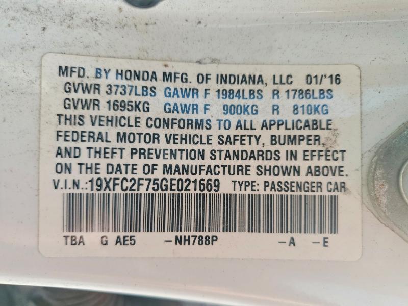 49873046 :رقم المزاد ، 19XFC2F75GE021669 vin ، 2016 Honda Civic مزاد بيع