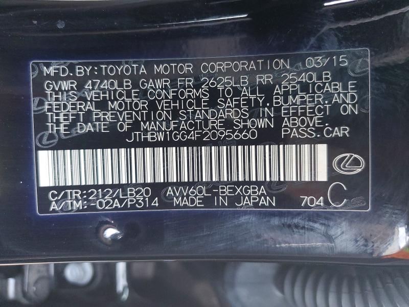 Aukcja sprzedaży 2015 Lexus Es 300h, vin: JTHBW1GG4F2095660, numer aukcji: 51498806