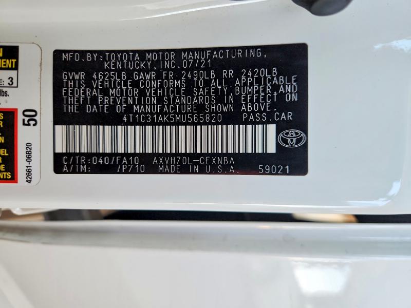 Aukcja sprzedaży 2021 Toyota Camry Hybrid, vin: 4T1C31AK5MU565820, numer aukcji: 48352226