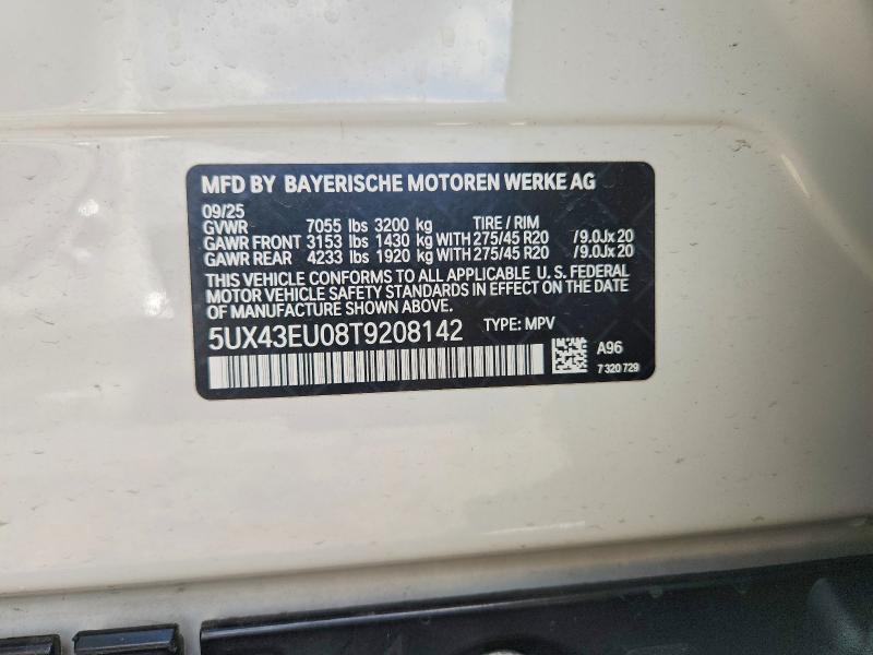 2026 Bmw X5 მანქანა იყიდება აუქციონზე, vin: 5UX43EU08T9208142, აუქციონის ნომერი: 48470556