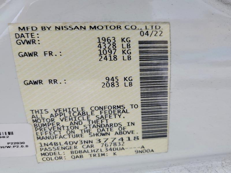 Aukcja sprzedaży 2022 Nissan Altima, vin: 1N4BL4DV3NN377418, numer aukcji: 49508906