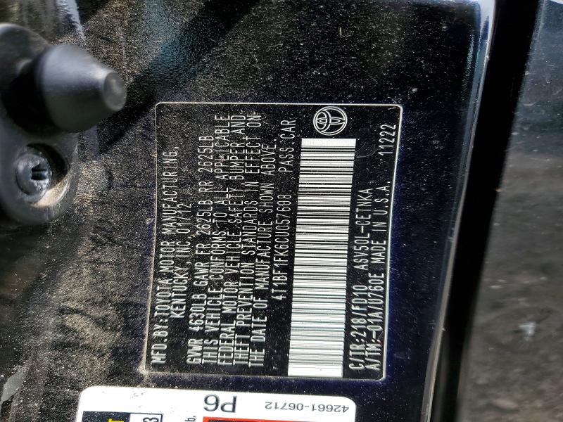 2012 Toyota Camry მანქანა იყიდება აუქციონზე, vin: 4T1BF1FK6CU057608, აუქციონის ნომერი: 48668736