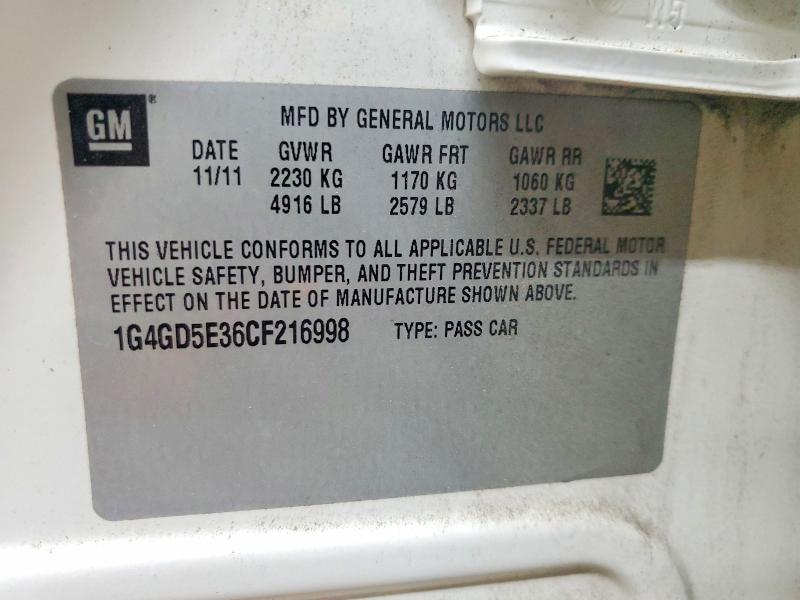 50911356 :رقم المزاد ، 1G4GD5E36CF216998 vin ، 2012 Buick Lacrosse مزاد بيع