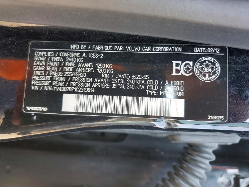 50888686 :رقم المزاد ، YV4902DZ1C2319814 vin ، 2012 Volvo Xc60 مزاد بيع