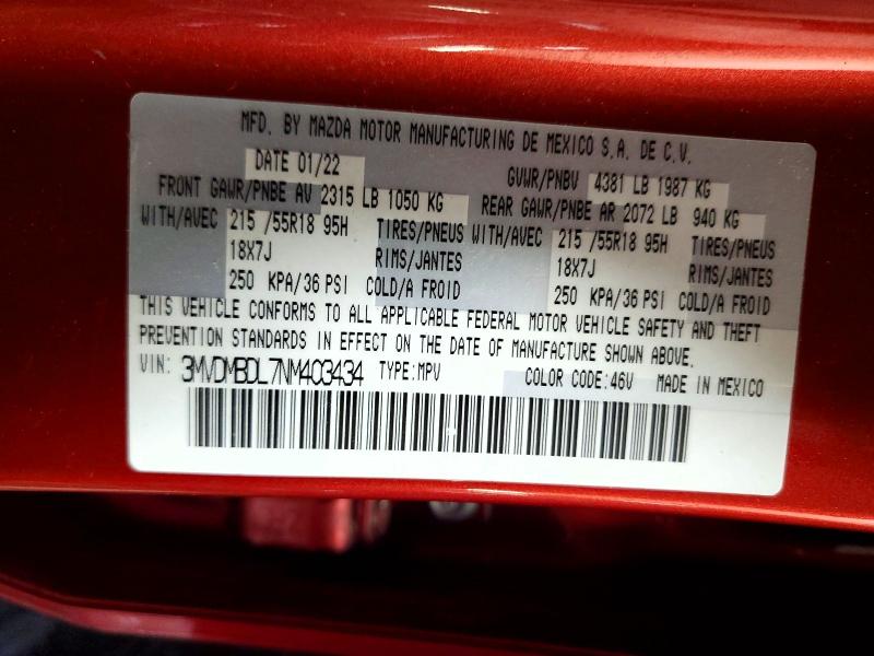 51420456 :رقم المزاد ، 3MVDMBDL7NM403434 vin ، 2022 Mazda Cx-30 مزاد بيع