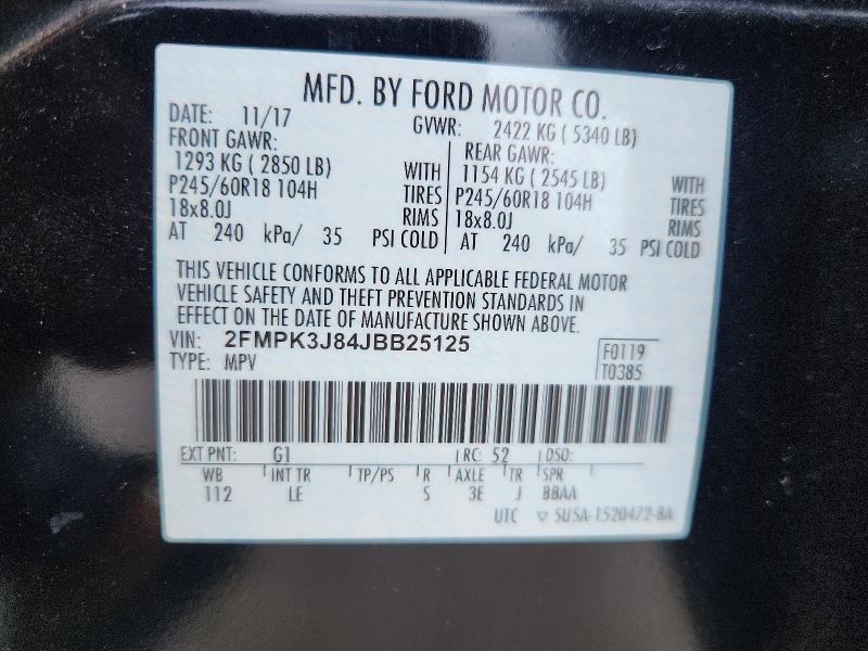 2018 Ford Edge მანქანა იყიდება აუქციონზე, vin: 2FMPK3J84JBB25125, აუქციონის ნომერი: 50462976