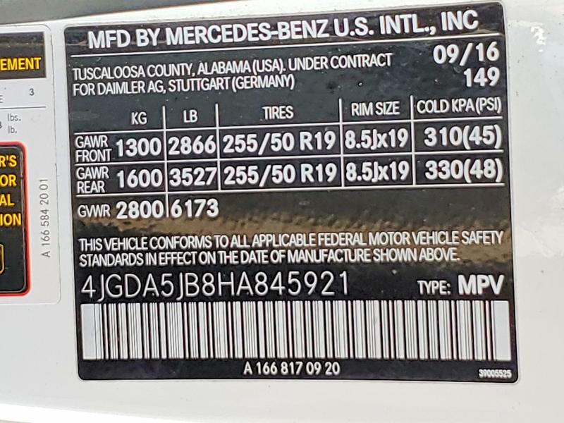 50160316 :رقم المزاد ، 4JGDA5JB8HA845921 vin ، 2017 Mercedes-benz Gle مزاد بيع
