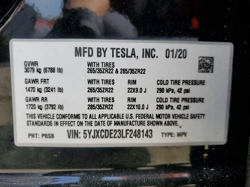 49068986 :رقم المزاد ، 5YJXCDE23LF248143 vin ، 2020 Tesla Model X مزاد بيع