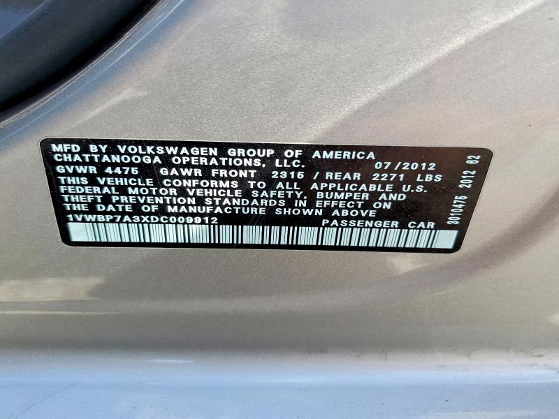 Продажа на аукционе авто 2013 Volkswagen Passat, vin: 1VWBP7A3XDC009912, номер лота: 51903746