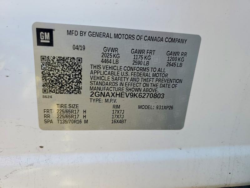 Продаж на аукціоні авто 2019 Chevrolet Equinox, vin: 2GNAXHEV9K6270803, номер лоту: 49838846