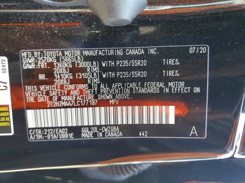 50824176 :رقم المزاد ، 2T2HZMAA7LC177187 vin ، 2020 Lexus Rx مزاد بيع