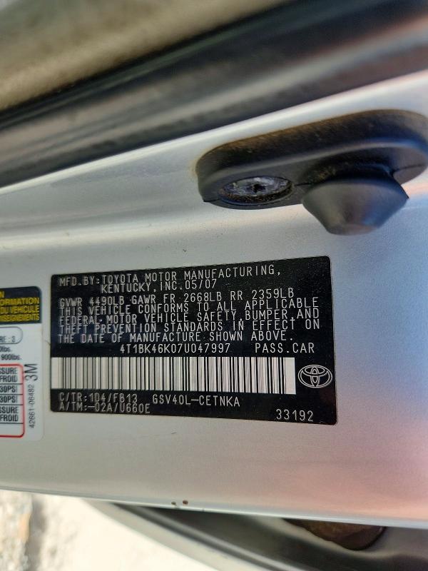 Aukcja sprzedaży 2007 Toyota Camry, vin: 4T1BK46K07U047997, numer aukcji: 48192286