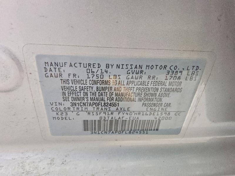 Продажа на аукционе авто 2015 Nissan Versa, vin: 3N1CN7AP0FL824551, номер лота: 52022836