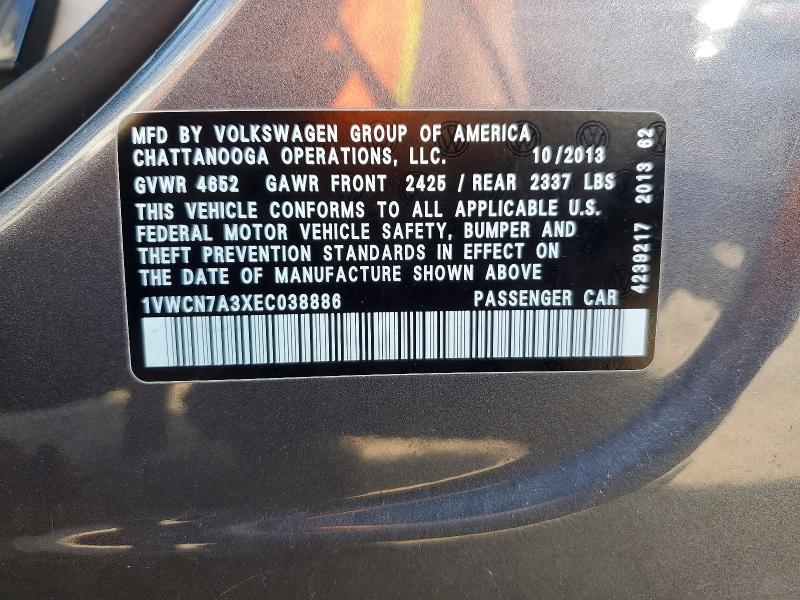 50743326 :رقم المزاد ، 1VWCN7A3XEC038886 vin ، 2014 Volkswagen Passat مزاد بيع