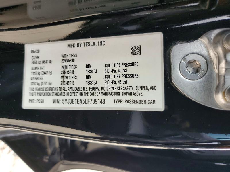 Продаж на аукціоні авто 2020 Tesla Model 3, vin: 5YJ3E1EA5LF739148, номер лоту: 50808756