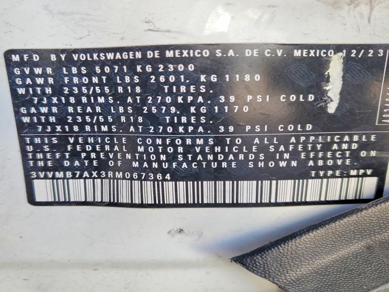 2024 Volkswagen Tiguan მანქანა იყიდება აუქციონზე, vin: 3VVMB7AX3RM067364, აუქციონის ნომერი: 48624456
