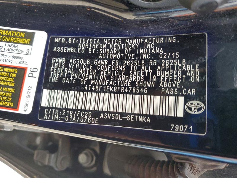 51886666 :رقم المزاد ، 4T4BF1FK8FR478546 vin ، 2015 Toyota Camry مزاد بيع