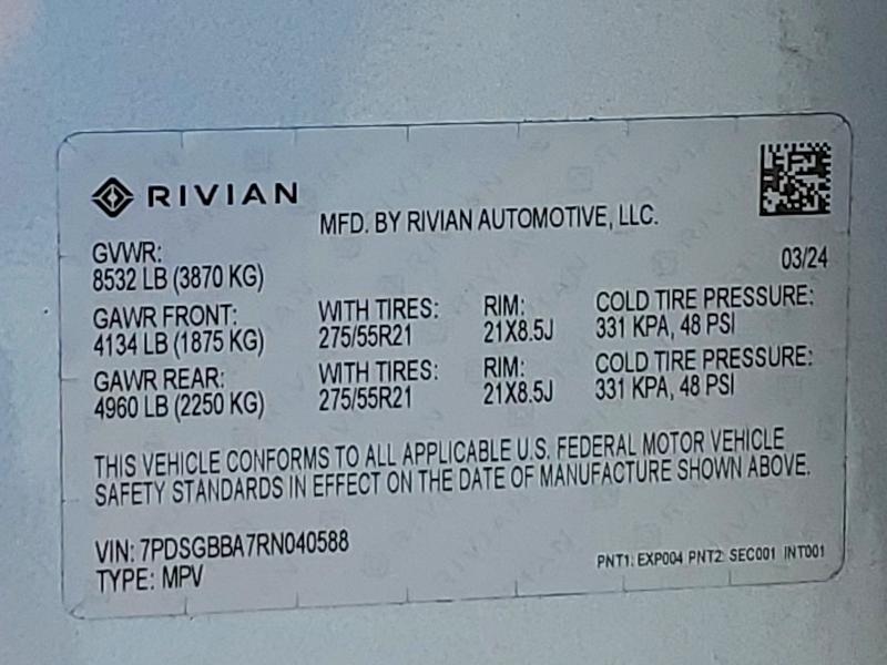50514616 :رقم المزاد ، 7PDSGBBA7RN040588 vin ، 2024 Rivian R1s مزاد بيع