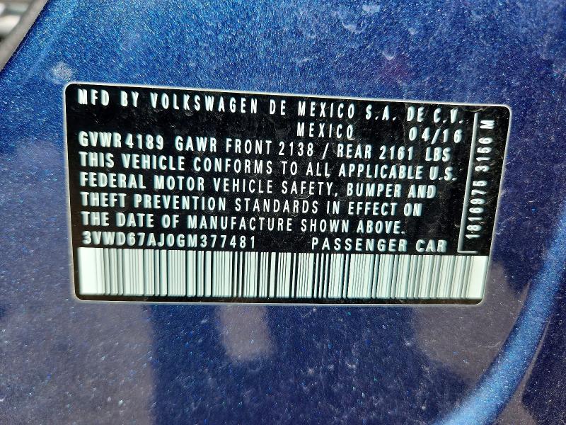 Aukcja sprzedaży 2016 Volkswagen Jetta, vin: 3VWD67AJ0GM377481, numer aukcji: 50258796